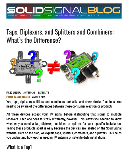 Taps, Diplexers, and Splitters and Combiners - What’s the Difference - The Solid Signal Blog